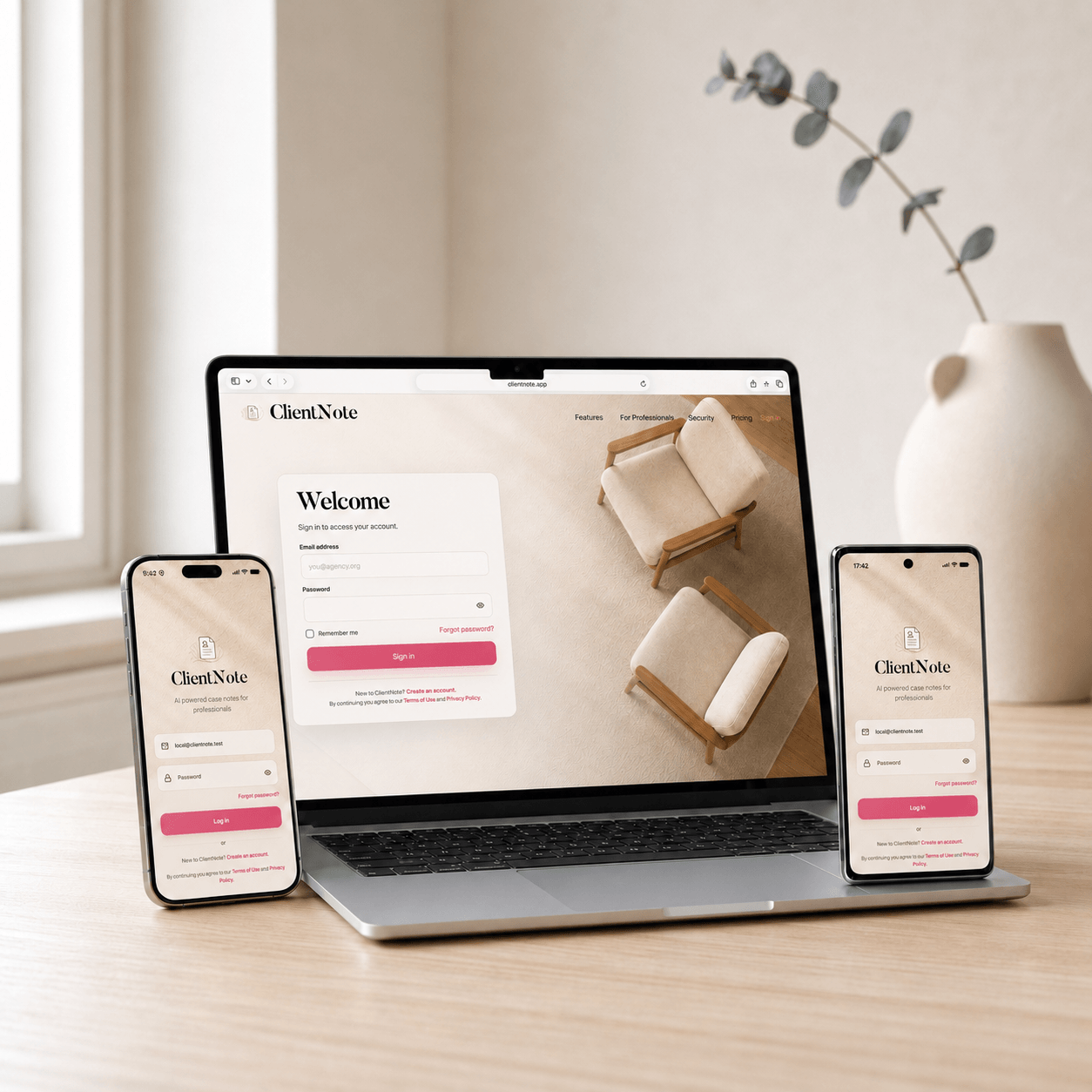 ClientNote displayed across a laptop, iPhone and Android phone