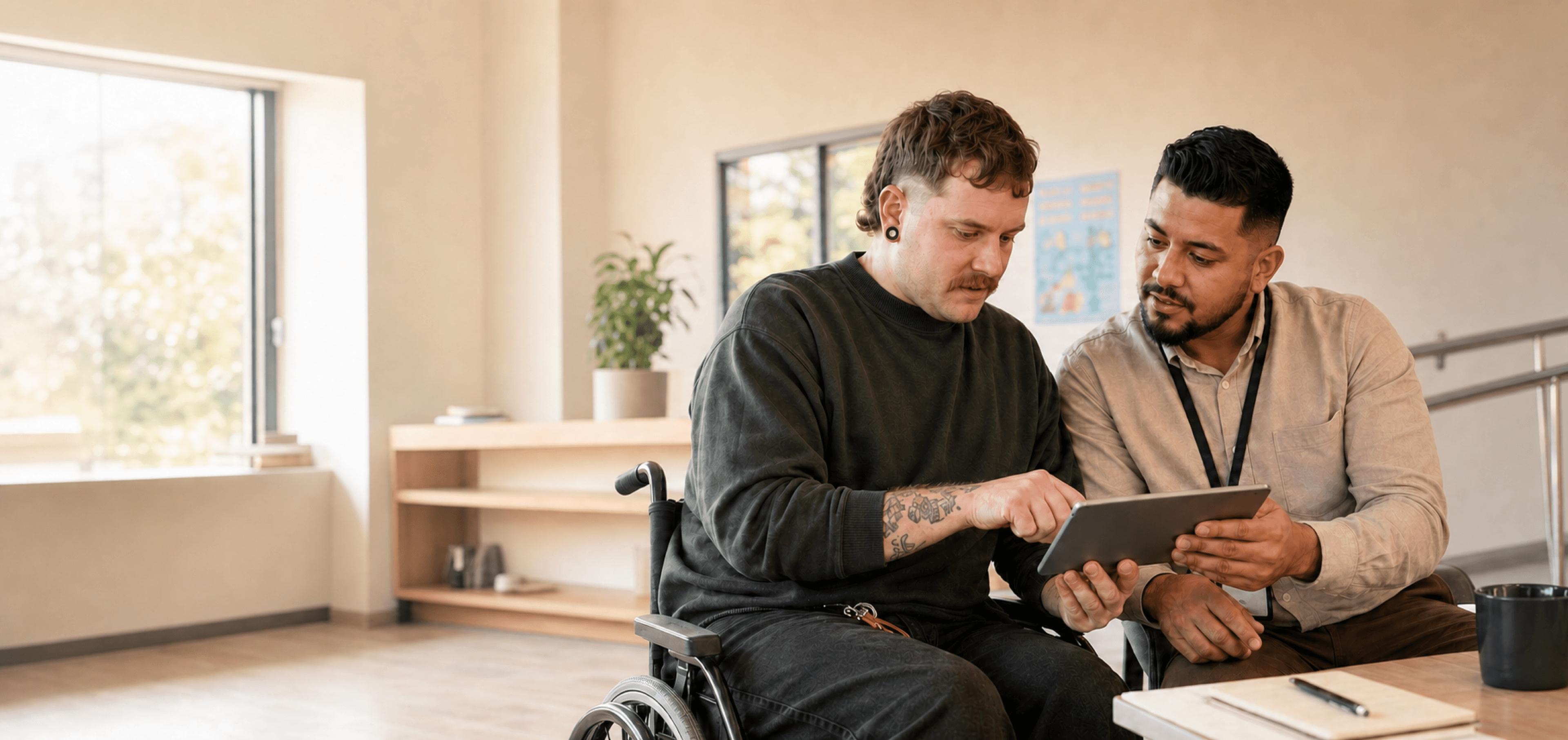 A practitioner and wheelchair user reviewing information together